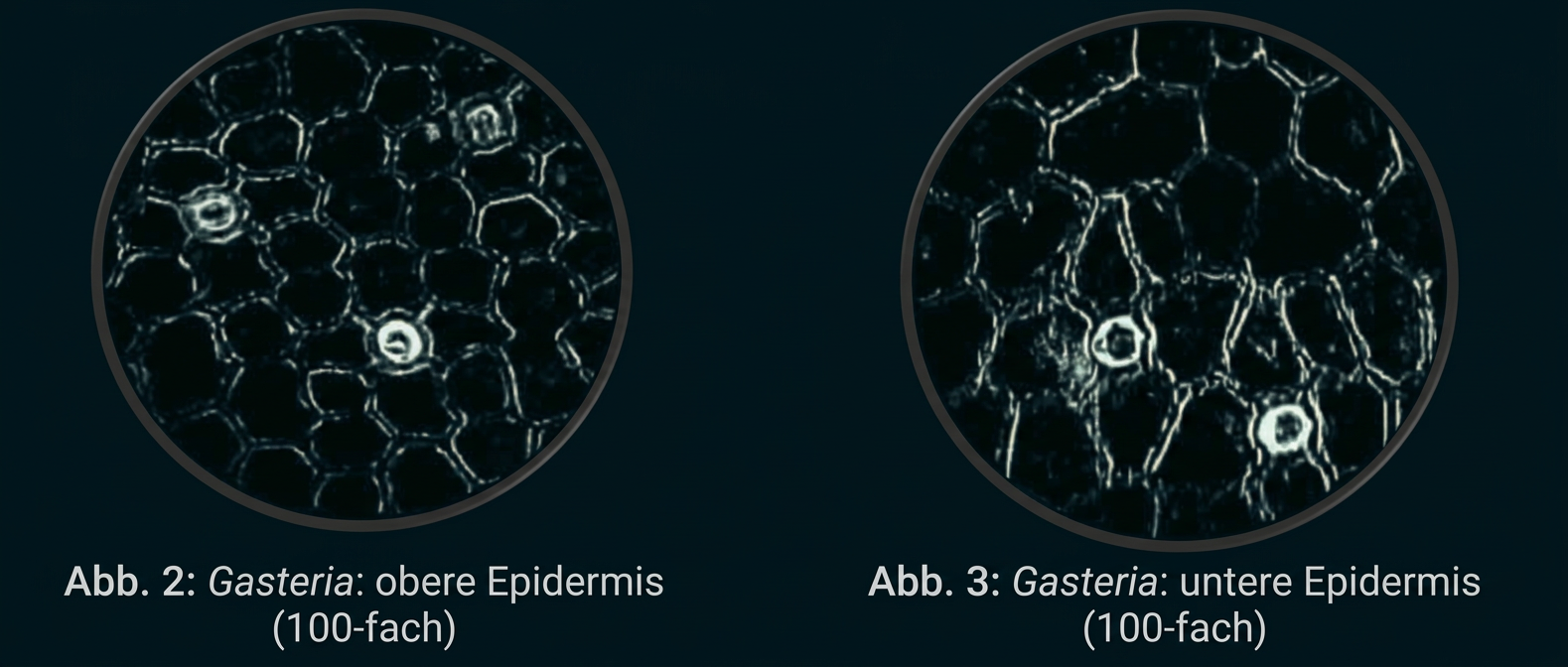 Mikroskopische Abbildungen der oberen und unteren Epidermis von Gasteria mit Spaltöffnungen.